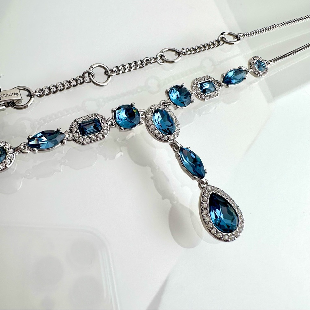 Givenchy Blue Crystal Halo Silver Plated Chain Necklace NWT
